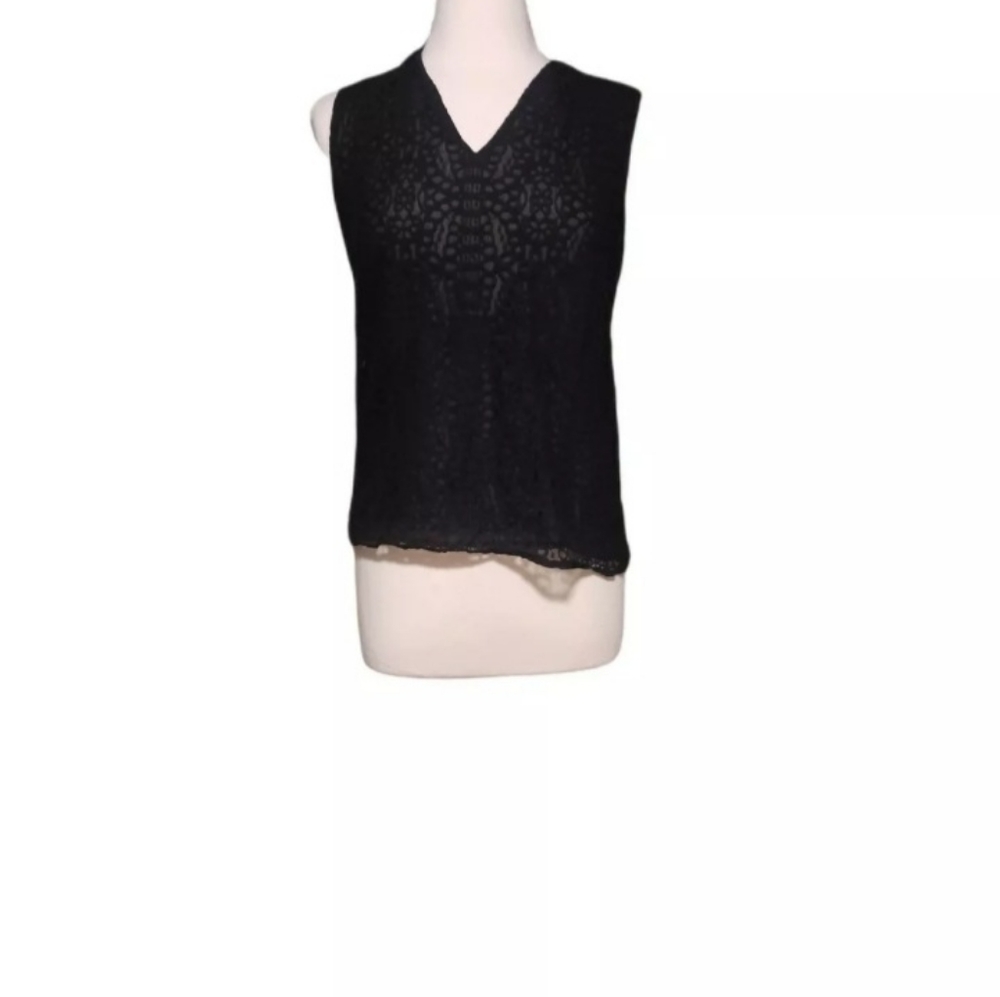 Halogen SP Black Blouse Shirt Tank Top Lace Cotton Sustainable Dark Maca…